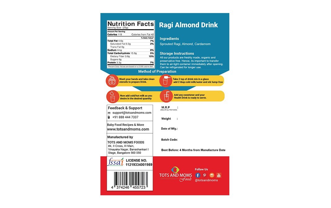 Tots And Moms Foods Ragi Almond Drink    Pack  100 grams